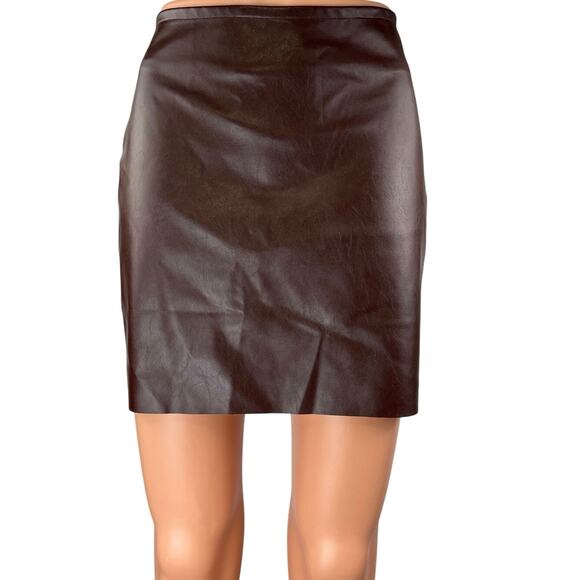 Commense Brown Faux Vegan Leather Mini Zipper Straight Pencil Skirt Size S - Picture 1 of 5